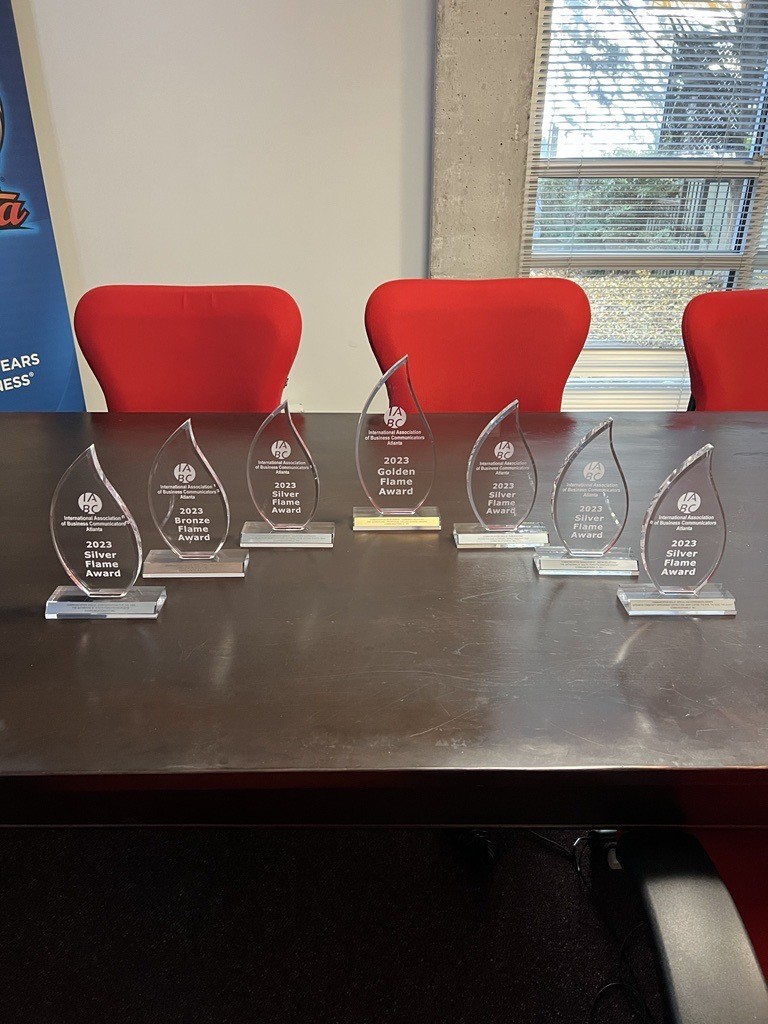 We are still excited about our Golden Flame Awards from the International Association of Business Communications Atlanta! Check out our awards in their new home in the c21 office! #IABC #GoldenFlameAwards #Winner