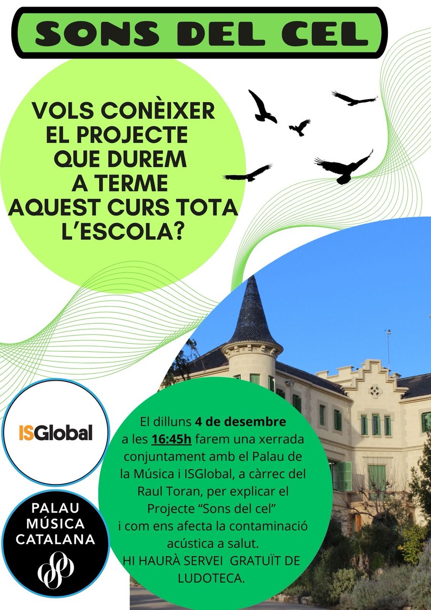 DMSEscola's tweet photo. 📢 Vols conèixer el projecte que durem a terme aquest curs tota l'escola?
📍Dilluns 4 de desembre a les 16:45h 🕤 farem una 🗣️ xerrada a càrrec de @ISGLOBALorg i el @palaumusicacat per explicar-vos-ho 🔕!
No us ho perdeu! #SonsdelCel #ProjecteEscola #PEC https://t.co/47cQTDOB8i