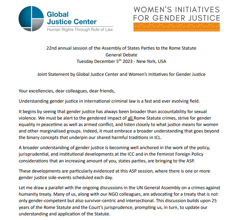 Along with our partners <a href="/4GenderJustice/">Women's Initiatives for Gender Justice</a>, we're calling for a focus on gender justice at this year's Assembly of States Parties to the International Criminal Court, which begins today.

A strong, gender-competent court is needed now more than ever. #ASP22 globaljusticecenter.net/wp-content/upl…