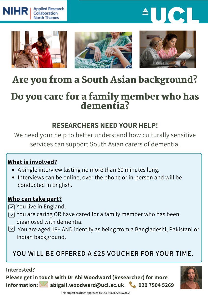 AbiWoodward_PhD's tweet photo. 🚨Call for research participants🚨 I am particularly interested in speaking to people from an Indian or Bangladeshi background who are caring for a family member with dementia. See below for more info and contact details👇 https://t.co/KbujeSyTEx