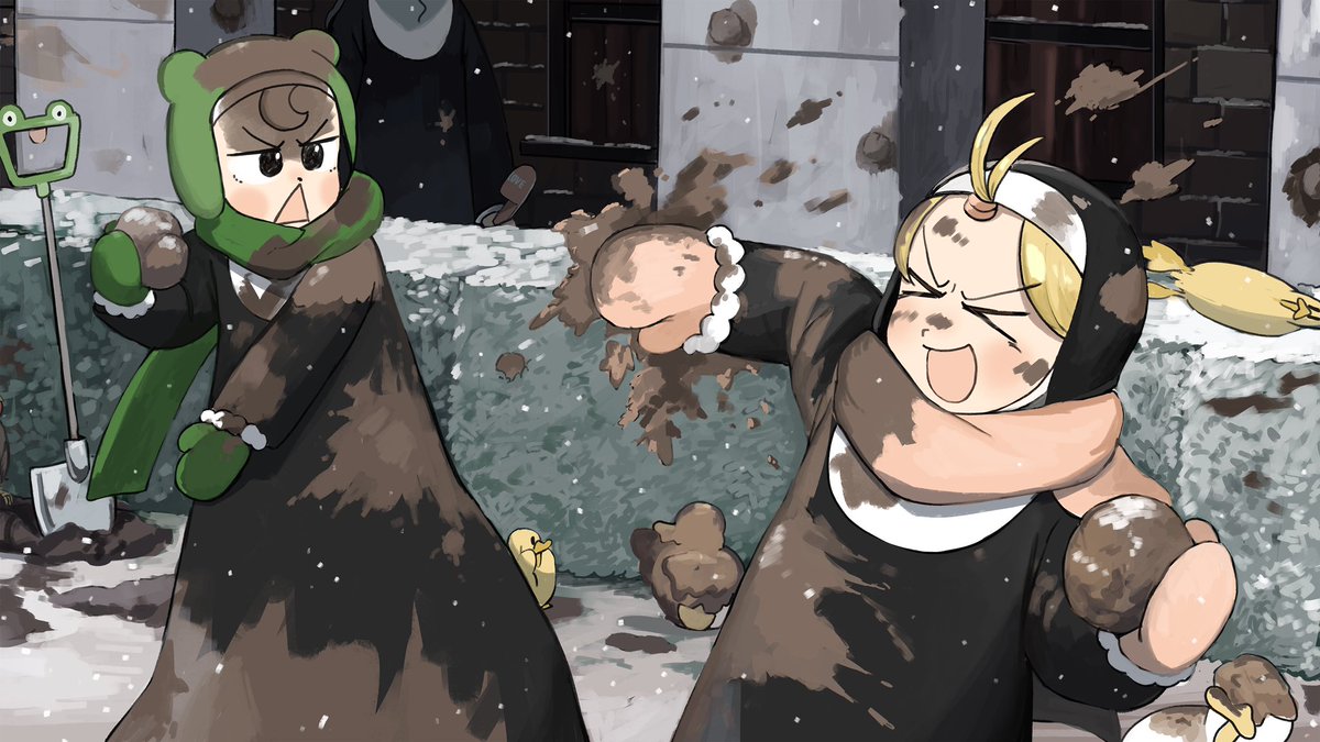 clumsy nun (diva) ,froggy nun (diva) multiple girls blonde hair scarf 2girls dirty nun catholic  illustration images