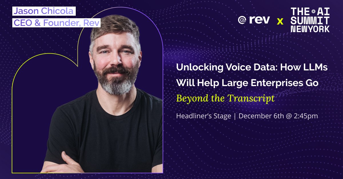 rev's tweet image. Discover the power of LLMs &amp;amp; ASR! Rev&apos;s CEO, Jason Chicola, reveals how they turn voice data into actionable insights. Unlock your data&apos;s potential and embark on a voice-data journey! 

#VoiceData #LLMs #ASR #EnterpriseInsights