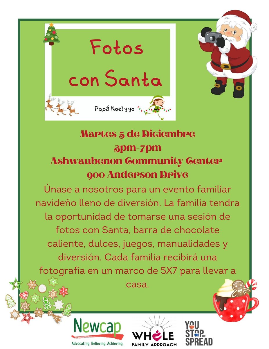 Newcapinc's tweet photo. We are excited to see you tomorrow for Pictures with Santa! Stop by anytime between 3pm-7pm at the Ashwaubenon Community Center for this free fun-filled family event! #PicturesWithSanta #santaclausiscomingtotown #countdowntochristmas #santa #communityevent https://t.co/CdkF93qxpG