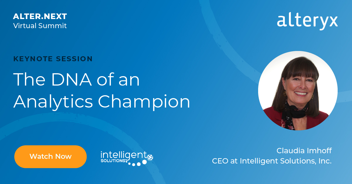 alteryx's tweet image. FACT: Organizations with strong #AnalyticsLeaders use #DataDriven insights to outperform.

Watch #AlterNext on-demand to learn from leaders like Intelligent Solutions&apos; CEO @Claudia_Imhoff how you can become an #AnalyticsChampion:

👉 🎥 ow.ly/YqJR50Q92T7