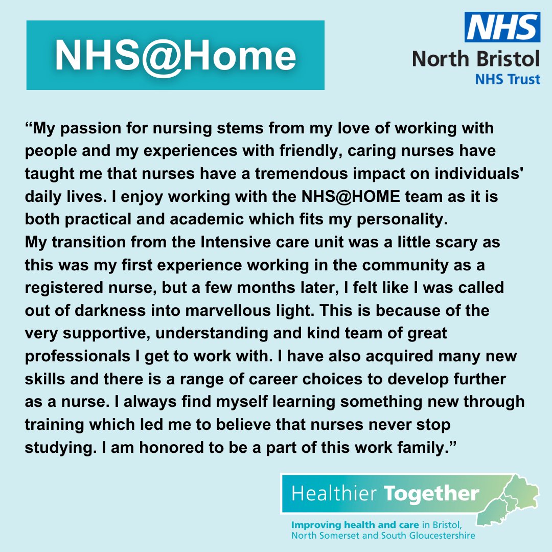 North Bristol NHS Trust Careers (@nbtcareers) on Twitter photo 📢Are you a Registered Nurse looking for a new opportunity?
🌟We have opportunities for Band 5 & Band 6 Registered nurses for <a href="/NHSatHome/">NHS@Home - BNSSG virtual ward service</a> . Join our team and help to deliver compassionate care within the community
✏️ Find out more info & apply today! ow.ly/sA7V50QaJwe 📢Are you a Registered Nurse looking for a new opportunity?
🌟We have opportunities for Band 5 & Band 6 Registered nurses for <a href="/NHSatHome/">NHS@Home - BNSSG virtual ward service</a> . Join our team and help to deliver compassionate care within the community
✏️ Find out more info & apply today! ow.ly/sA7V50QaJwe