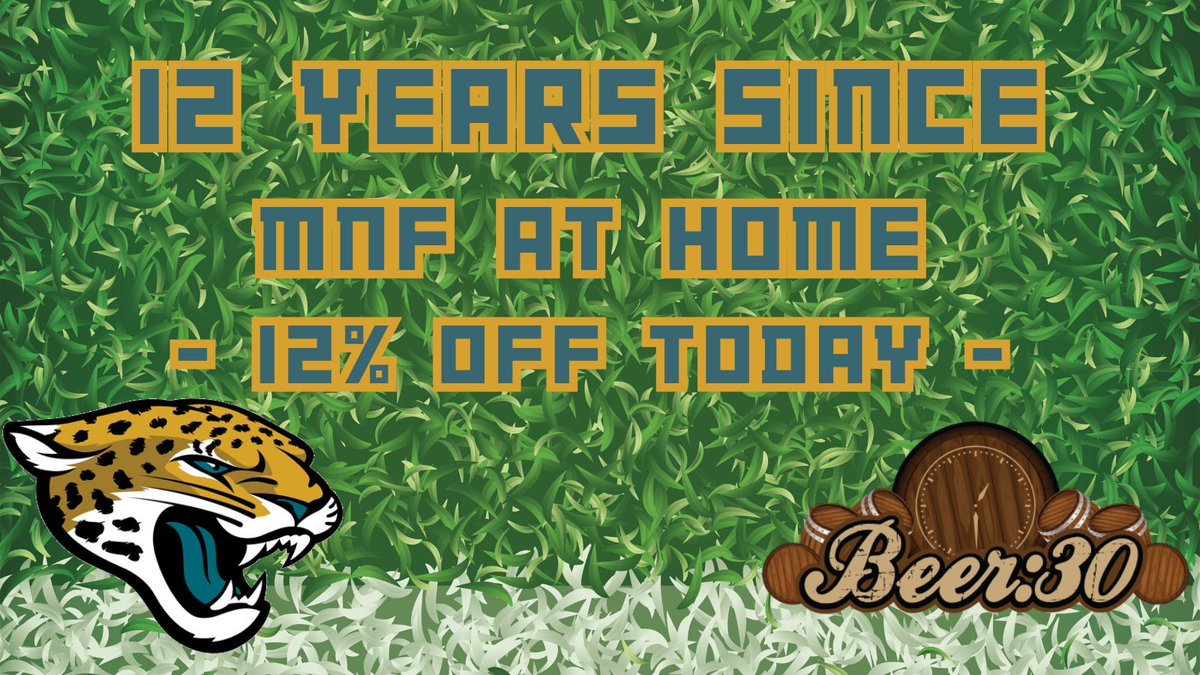 🐆🏟️12% OFF ALL DAY🏟️🐆

🗣️IT WAS ALWAYS THE JAGS!

🏷️After 12 long years, we've finally got another Monday Night Home Game! To celebrate, we're taking 12% OFF YOUR WHOLE TAB WITH ANY TO-GO PURCHASE. So stop in, stock up, and takeout!

#DUUUVAL #Jaguars
🍺🕜