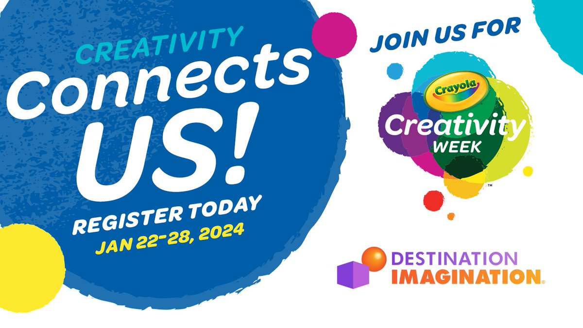 Destination Imagination is collaborating with @CrayolaEdu on an epic celebration of what connects us all: creativity! Join us for #CrayolaCreativityWeek, a free, weeklong virtual celebration from January 22-28, 2024.  📝Sign-up now: hubs.la/Q02bmWsN0