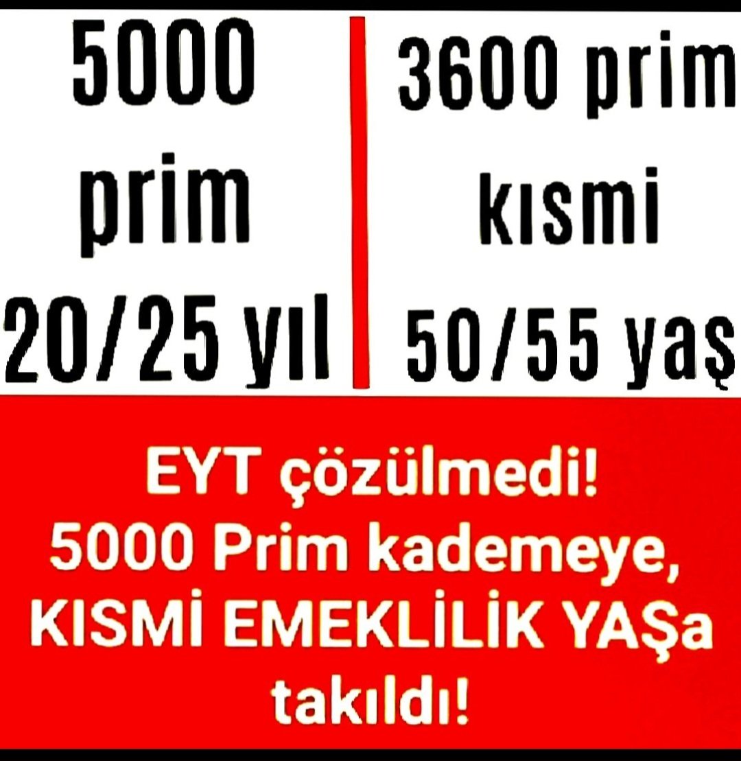 <a href="/EYTLEVENTATACA1/">LEVENT ATACAN EYT-EF GEN.BŞK.YARD  💛💙</a> EYT Çözülmedi❗️
Geriye aleyhte işletilen
4447  yasayla Haklarımız,
elimizden alındı❗️
8 Eylül 99 Öncesi,

🔴5000 PİRİM
🔴3600 Kısmi Emeklilik
Yasal Hakkımızdır. LÜTFEN.
<a href="/RTErdogan/">Recep Tayyip Erdoğan</a>
<a href="/isikhanvedat/">Prof. Dr. Vedat Işıkhan</a>
<a href="/_cevdetyilmaz/">Cevdet Yılmaz</a>
<a href="/Yenisehirlioglu/">Bahadır Yenişehirlioğlu</a>
<a href="/RTEdijital/">Erdoğan Dijital Medya</a>
<a href="/TBMMGenelKurulu/">TBMM Genel Kurulu</a>

#5binKısmiYokSayılamaz