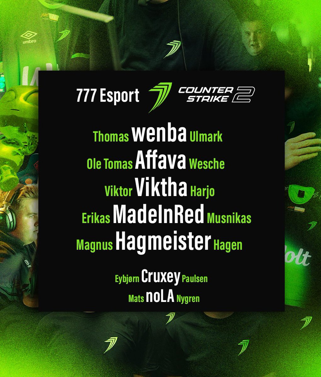 777 Esports 👽 (@777esports) on Twitter photo Etter flere måneder med arbeid har vi samlet en ny og lovende lagoppstilling. Gi en varm velkomst til:
@wenbaCS 🇳🇴
<a href="/Affavaa/">Affava</a> 🇳🇴
<a href="/Vikthah/">Viktha</a> 🇳🇴
<a href="/MadeInRedCS/">peace of mind</a> 🇳🇴🇱🇹
<a href="/Hagmeisterr/">Magnus</a> 🇳🇴
Coaches: <a href="/eybjorn/">eybjorn</a> & noLA
Vi kommer til å holde en rask stream kl 18:00 hvor Tommy og Fabio vil fortelle Etter flere måneder med arbeid har vi samlet en ny og lovende lagoppstilling. Gi en varm velkomst til:
@wenbaCS 🇳🇴
<a href="/Affavaa/">Affava</a> 🇳🇴
<a href="/Vikthah/">Viktha</a> 🇳🇴
<a href="/MadeInRedCS/">peace of mind</a> 🇳🇴🇱🇹
<a href="/Hagmeisterr/">Magnus</a> 🇳🇴
Coaches: <a href="/eybjorn/">eybjorn</a> & noLA
Vi kommer til å holde en rask stream kl 18:00 hvor Tommy og Fabio vil fortelle