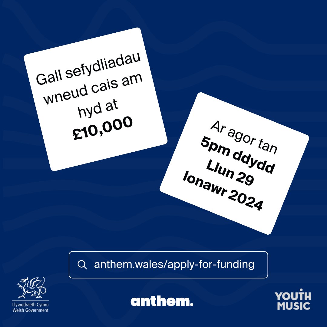 Mae Rownd 4 o gronfa Anthem's Atsain AR AGOR!

✅ Gellir dod o hyd i ffurflen gais, manylion ac arweiniad yn anthem.wales/cy/gwneud-cais…

<a href="/LlywodraethCym/">Llywodraeth Cymru</a> <a href="/YouthMusic/">Youth Music</a>