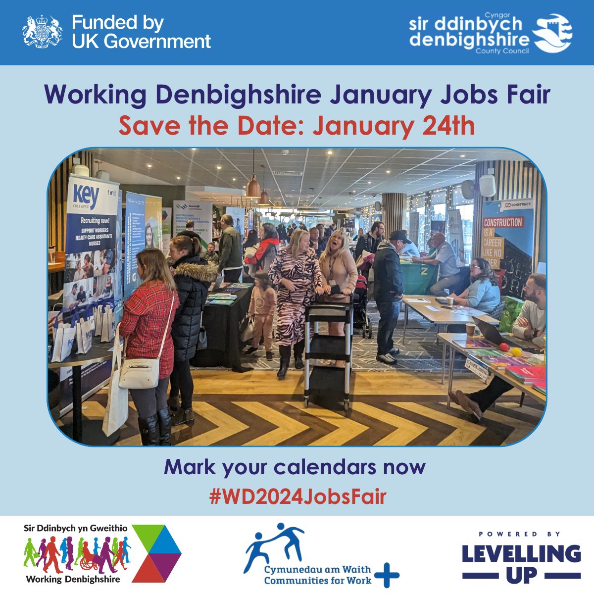 📅 24th January
📍 1891, Rhyl
Employers please book your space early by emailing: Fiona.Gresty@denbighshire.gov.uk
Residents looking for job, there is no need to book. See you there!
#WD2024JobsFair # WorkingDenbighshire #DenbighshireJobs