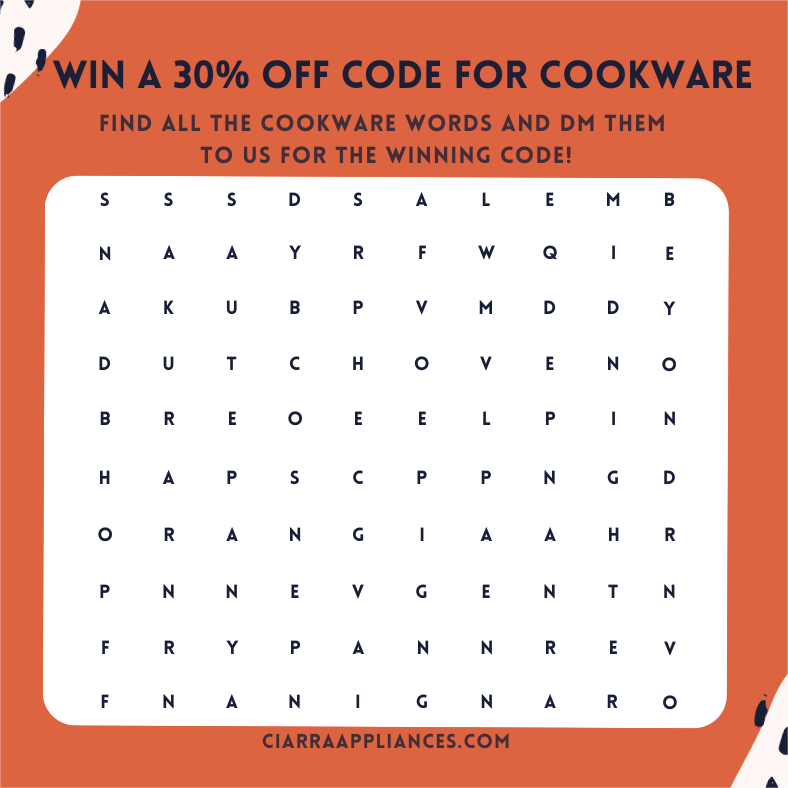 CIARRAbrand's tweet image. Find all 8 words from Ciarra Beyond Cookware to get your 30% off!! ❤️
Check all the words in the screenshot and DM me.

Tips:
sauce pan
saute pan
dutch oven
fry pan
beyond
sakura
midnight 
orangina

#wordquiz #ciarra #beyondcookware #ciarrabeyondcookware #cookware #appliances
