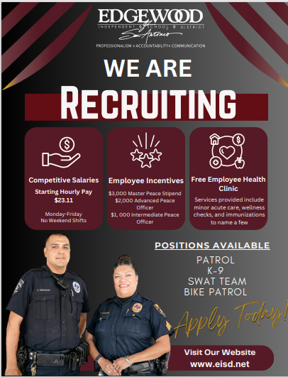EISD Human Resources (@eisdhr1) on Twitter photo We are hiring Police Officers! Apply Today! Details listed below. <a href="/EISDofSA/">Edgewood ISD</a> <a href="/EISDPDofSA/">Edgewood ISD PD</a> We are hiring Police Officers! Apply Today! Details listed below. <a href="/EISDofSA/">Edgewood ISD</a> <a href="/EISDPDofSA/">Edgewood ISD PD</a>