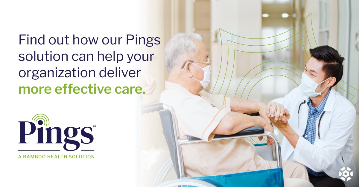 Pings enables care teams to provide the right care at the right time by providing real-time notifications of patient care events. Visit bit.ly/3tfQ6yp to learn how Pings can improve outcomes and reduce total cost of care for your organization.