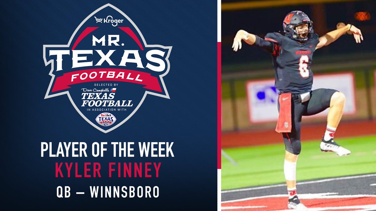 Congrats to Winnsboro QB Kyler Finney for being named the @TexasBowl Mr. Texas Football Player of the Week presented by @kroger for Week Fourteen! 340 yards, 2 TDs passing; 71 yards, TD rushing texasfootball.com/mr-texas-footb… @dctf l #txhsfb