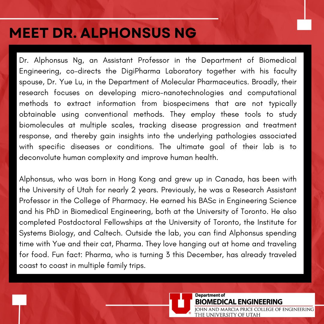 UtahBME's tweet photo. 👋Meet our 12/1/2023 Friday Feature - Dr. Alphonsus Ng👋

Dr. Ng’s research focuses on developing micro-nanotechno logies and computational methods to extract information from biospecimens that are not typically available using conventional methods. 

#utahBME https://t.co/gfczEYSH9T
