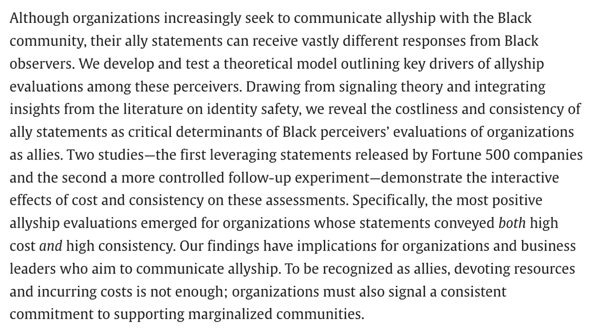 🚨Excited to share new work led by the amazing Rebecca Ponce de Leon and co-authored with @AshleighRosette published in OBHDP. We explore what factors shape Black American's perceptions of organizational allyship and the critical implications that follow. authors.elsevier.com/c/1iBwh2gS5Nzk…