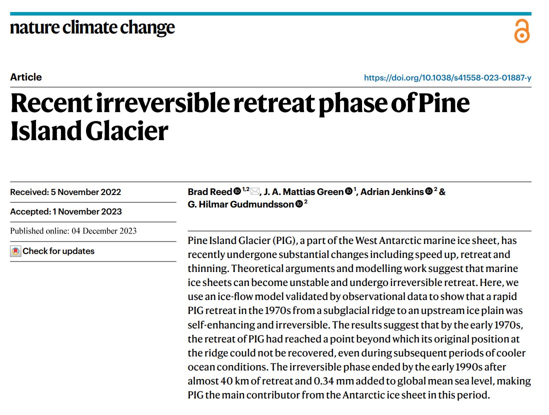 📢My first first-author paper from my PhD is published today in @NatureClimate! 🇦🇶 'Recent irreversible retreat phase of Pine Island Glacier'. See the 🧵for more info or read the paper here nature.com/articles/s4155… Thanks to @green_mattias, @GHilmarGudmund1 + Adrian Jenkins.