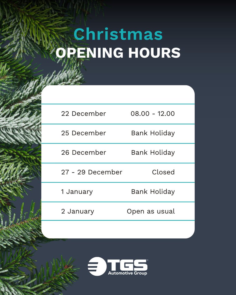 As ridiculous as it sounds, 2023 is only weeks away from disappearing. No doubt we are all very much looking forward to a well-earned seasonal break, and hitting 2024 with a bang! Please see our opening hours over the period below.

#TGSAutomotiveGroup #christmas2023 #newyear2024