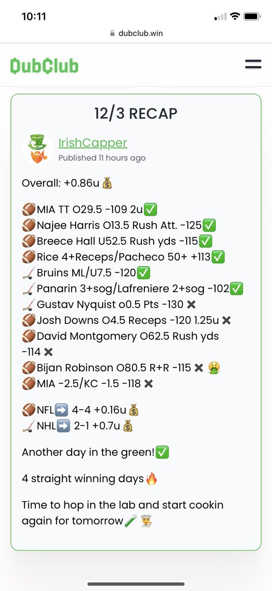 IrishCapper's tweet photo. 12/3 RECAP

Overall: +0.86u💰💰

Another day in the green✅

4 straight winning days!🔥🔥

Subscribers were already sent 4 picks for today &amp; more likely comin🚀👀

Stop missing out‼️

🚨SIGN-UP FOR FREE🚨

👉Link in bio to join!📲🫡
#gamblingtwitter #gamblingx #NFL #nba #NHL https://t.co/xMAAG509mk