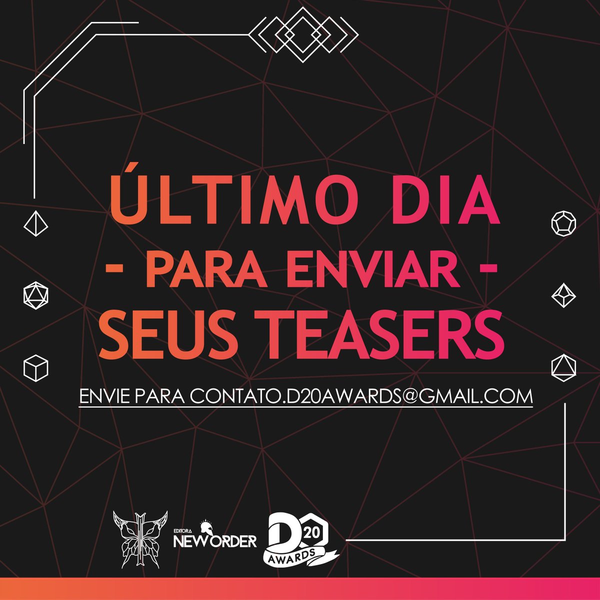 ⭐️ ÚLTIMO DIA PARA ENVIAR UM TEASER!

Hoje é o último dia para o envio de teasers e trailers para serem passados ao longo do evento. Basta enviar seus teasers em contato.d20awards@gmail.com até o final do dia de hoje!

#D20Awards