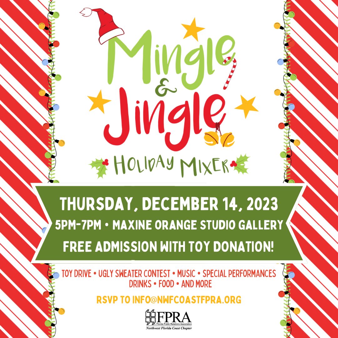 Join us for our 3rd Annual Mingle &amp; Jingle Holiday Mixer! Admission is FREE when you bring a toy. To RSVP email info@nwfcoastfpra.org The evening will be filled with networking, celebration, and giving as we collect toys for the Northwest Florida Guardian ad Litem Foundation.