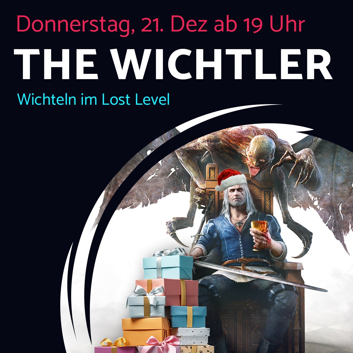 Es wird zum ersten Mal im Lost Level gewichtelt! Ihr bringt ganz einfach ein Geschenk im Wert von bis zu 10€ mit, gebt es am 21.12. bis 22:55 Uhr bei uns ab und wir verteilen um 23 Uhr unter allen Teilnehmern die mitgebrachten Geschenke.

#gaming #bar #cologne #witcher #wichteln