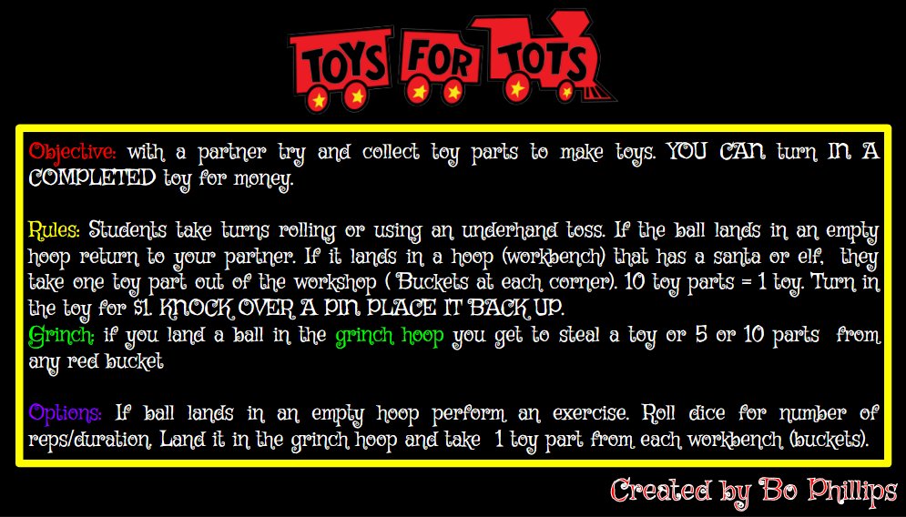 Thanks <a href="/BoPhillips10/">Bo Phillips</a>, President of #IAHPERD for your #Toysfortots game.  We used #Legos to build our "toys," &amp; my Ss loved it! docs.google.com/presentation/d… #Physed