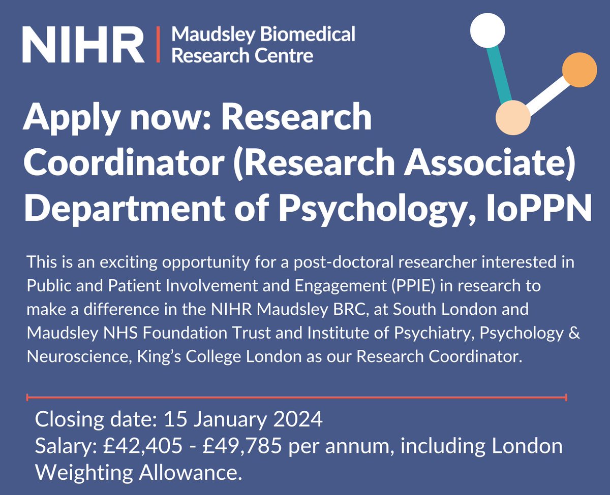 This is an exciting opportunity for a post-doctoral researcher interested in Public and Patient Involvement and Engagement (PPIE) in research to make a difference in @NIHRMaudsleyBRC as our Research Coordinator. @KingsIoPPN | @MaudsleyNHS Link below