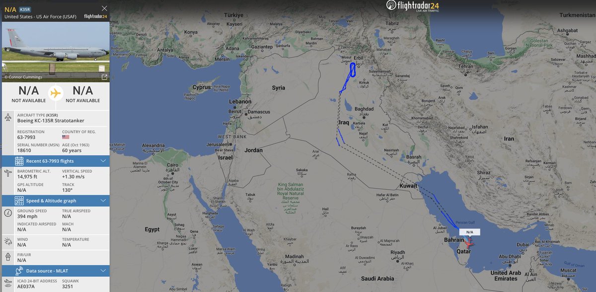 #USAF KC-135R stratotanker on the flight radar over the persian gulf, looking to returning to base in qatar, having been circling over the north of iraq. #AE037A
