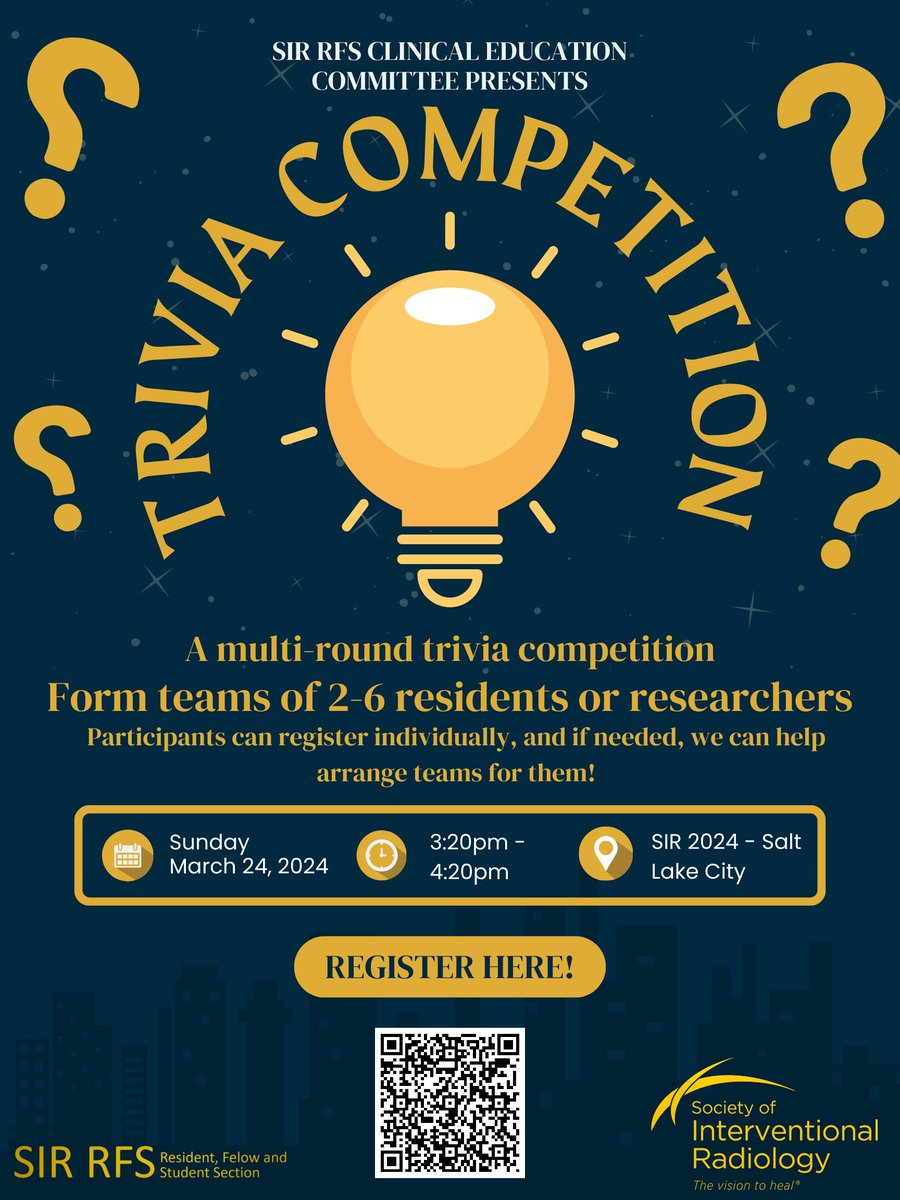 📢Join the RFS Trivia Competition at the SIR 2024! Get ready for a mix of questions on DR, IR, and relevant clinical fields. Form teams of 2-6 residents/researchers, and register: bit.ly/46JyE6w 📅03/24/2024, 3:20 PM at Salt Palace Convention Center. #iRad #MedEd #radres