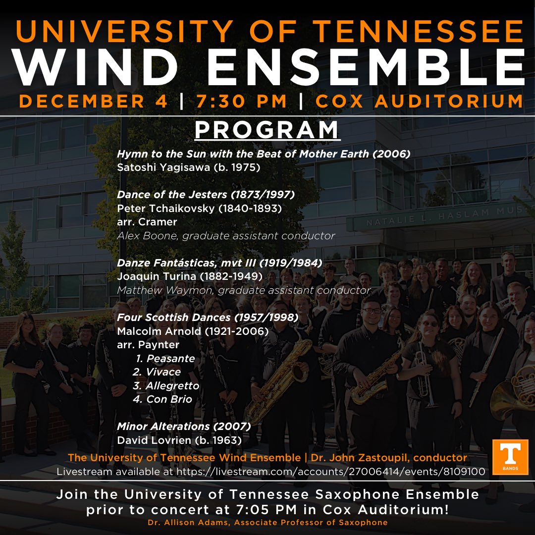 TONIGHT! Join the UT Wind Ensemble at 7:30pm as we close out the semester in Cox Auditorium! The UT Saxophone Ensemble will be performing prior to the concert in the auditorium as well! Join the livestream at livestream.com/accounts/27006… !