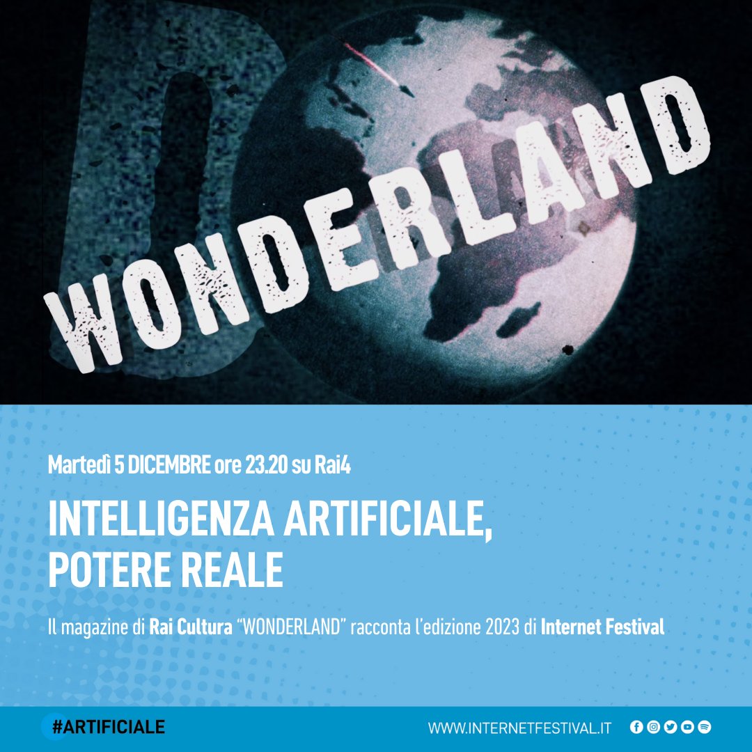 Domani, martedì 5 dicembre, su @RaiQuattro, alle ore 23.20, andrà in onda il magazine #Wonderland di @RaiCultura con una speciale puntata dedicata a ospiti e temi della tredicesima edizione pisana di #InternetFestival. Sintonizzatevi su: raiplay.it/programmi/wond…