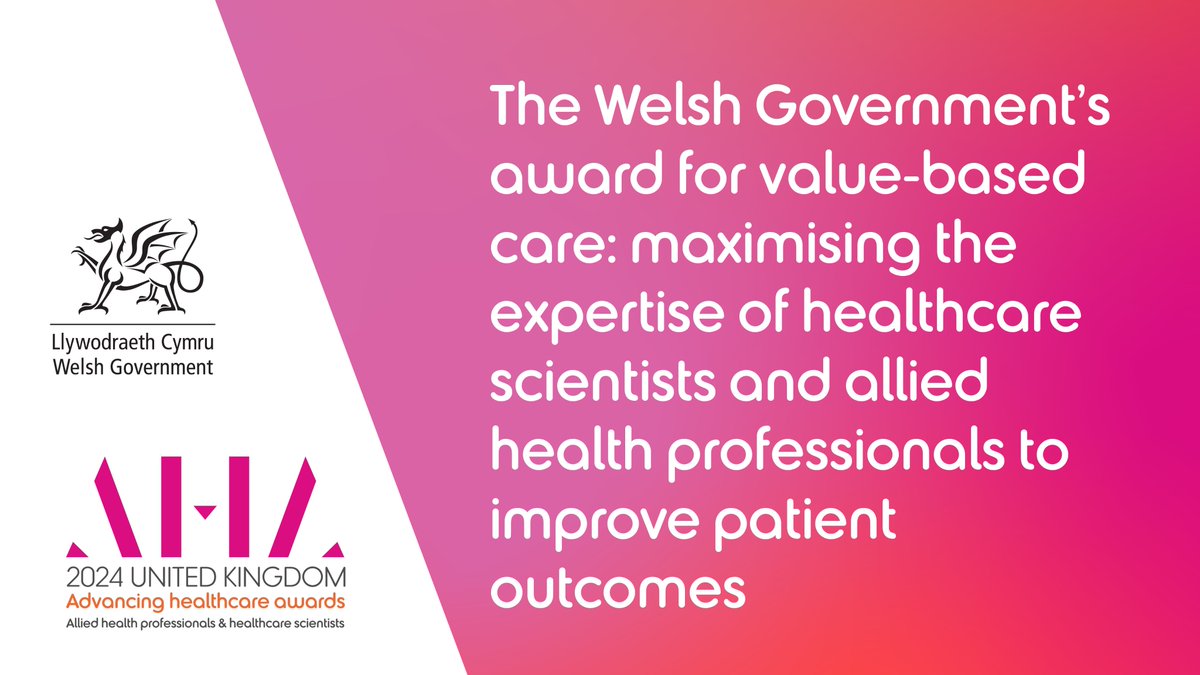 The <a href="/WGHealthandCare/">Welsh Government Health and Social Care</a> Award for Value-Based Care is open to both healthcare scientists &amp; AHPs across the UK
Closing date: 2 February
Winners announced: 26 April, London
To enter &amp; find out more go to: ahawards.co.uk/uk/ 
#AHAwards
@HCS_Cymru 
<a href="/AHP_Cymru/">AHP Cymru</a>