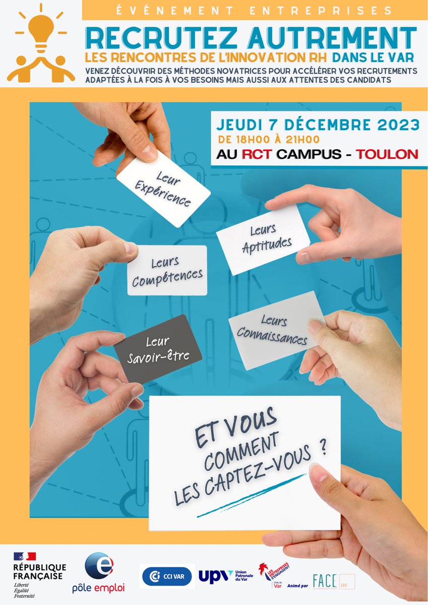💡 @pole_emploi dans le #Var :
Entreprises pour vous #inscrire n’hésitez pas à #contacter votre Pôle emploi local !
#TousMobilisés pour #Recruter autrement avec @poleemploi_VAR
&amp; ses partenaires <a href="/UPV83/">Union Patronale du Var</a>, <a href="/CCIduVar/">CCI Var</a> &amp; <a href="/communauteLESE/">Les entreprises s’engagent</a>
[Les entreprises s’engagent animées par @FaceVar]