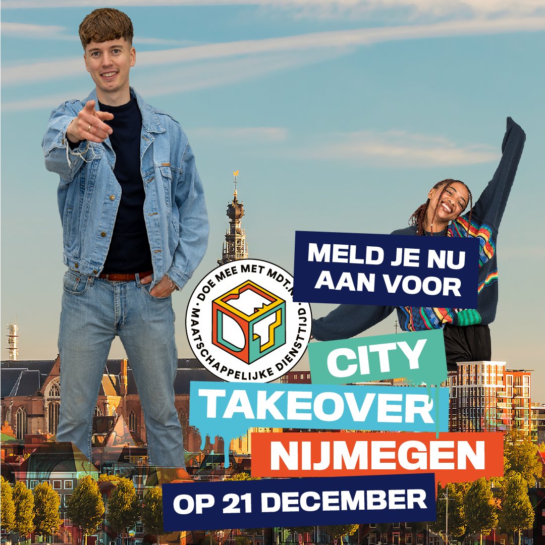 Wil jij Nijmegen in één dag leuker, mooier en eerlijker maken? 🔥 Op 21 december organiseren we daar de allereerste MDT City Takeover! Kom jij uit Nijmegen of omgeving? Kom dan samen met meer dan 1.000 jongeren dingen doen voor de stad! Meer weten? doemeemetmdt.nl/mdt-city-takeo…