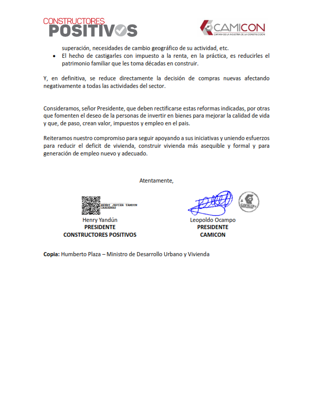 Hacemos un llamado a la Asamblea Nacional y la Presidencia para reconsiderar el nuevo impuesto a la venta de inmuebles propuesto en el Proyecto de Eficiencia Económica y Generación de Empleo. <a href="/DanielNoboaOk/">Daniel Noboa Azin</a> <a href="/camicon_ec/">CAMICON</a> <a href="/HenryKronfle/">Henry Kronfle K.</a>
<a href="/ValenCenteno/">Valentina Centeno</a>
<a href="/Coplaza88/">Humberto Plaza Argüello</a>
@ViviendaEC