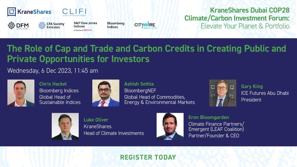 Chris Hackel, Global Head of Sustainable Indices at @Bloomberg, @asethia, Global Head of Commodities, Energy, & Environmental Markets at @BloombergNEF, Gary King, President of @ICE_Markets Futures Abu Dhabi, @LukeAOliver, Head of Climate Investments at @KraneShares, and @eronblo,…