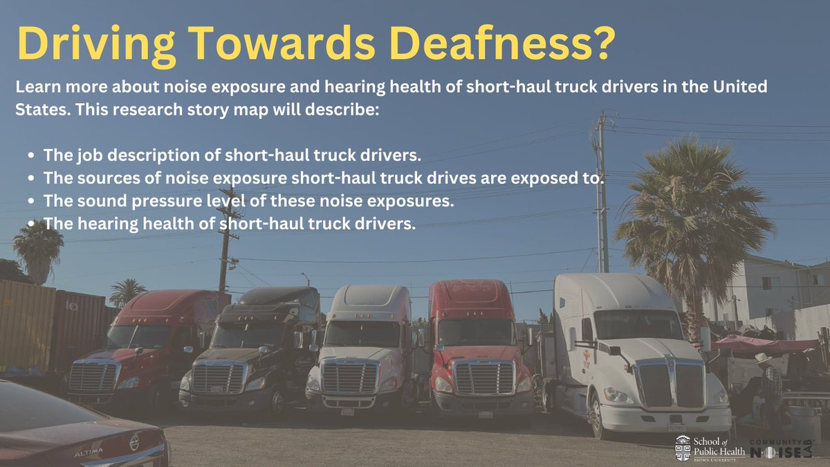 .@Brown_SPH student Rosemelly has published findings from her research looking at the relationship between noise exposures in the short-haul trucking industry and driver hearing loss! storymaps.arcgis.com/stories/bd8884…