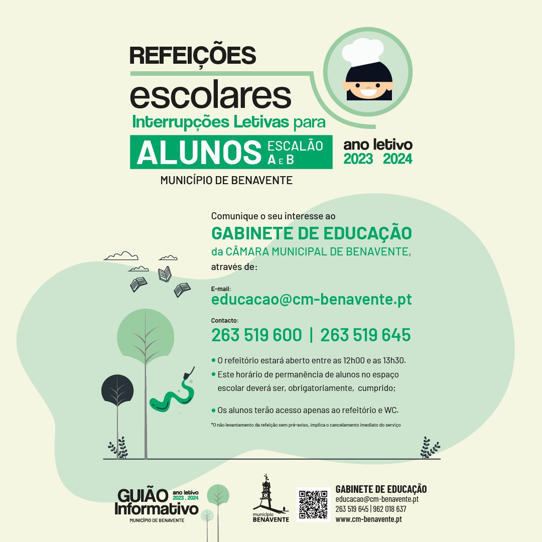 BenaventeCamara's tweet image. 🍎 REFEIÇÕES ESCOLARES | INTERRUPÇÕES LETIVAS l ALUNOS COM ESCALÃO A E B
📧 E-mail: educacao@cm-benavente.pt
☎️ Telefone: 263 519 600 / 263 519 645
-
#refeição #escola #férias #natal #anonovo #municipiodebenavente #benavente #samoracorreia #santoestevao #barrosa