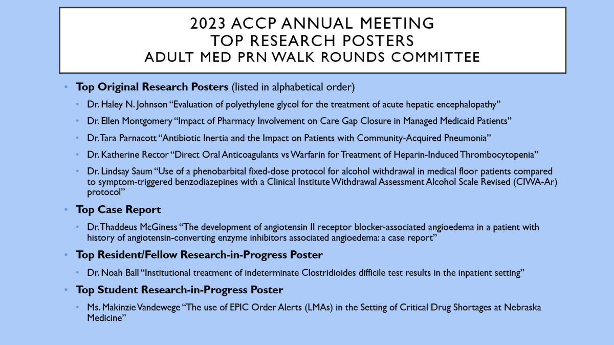 accpamedprn's tweet photo. Congratulations to our AMED PRN Top Research Poster award winners from the 2023 ACCP Annual Meeting! 👏 https://t.co/N671vLs2ZE