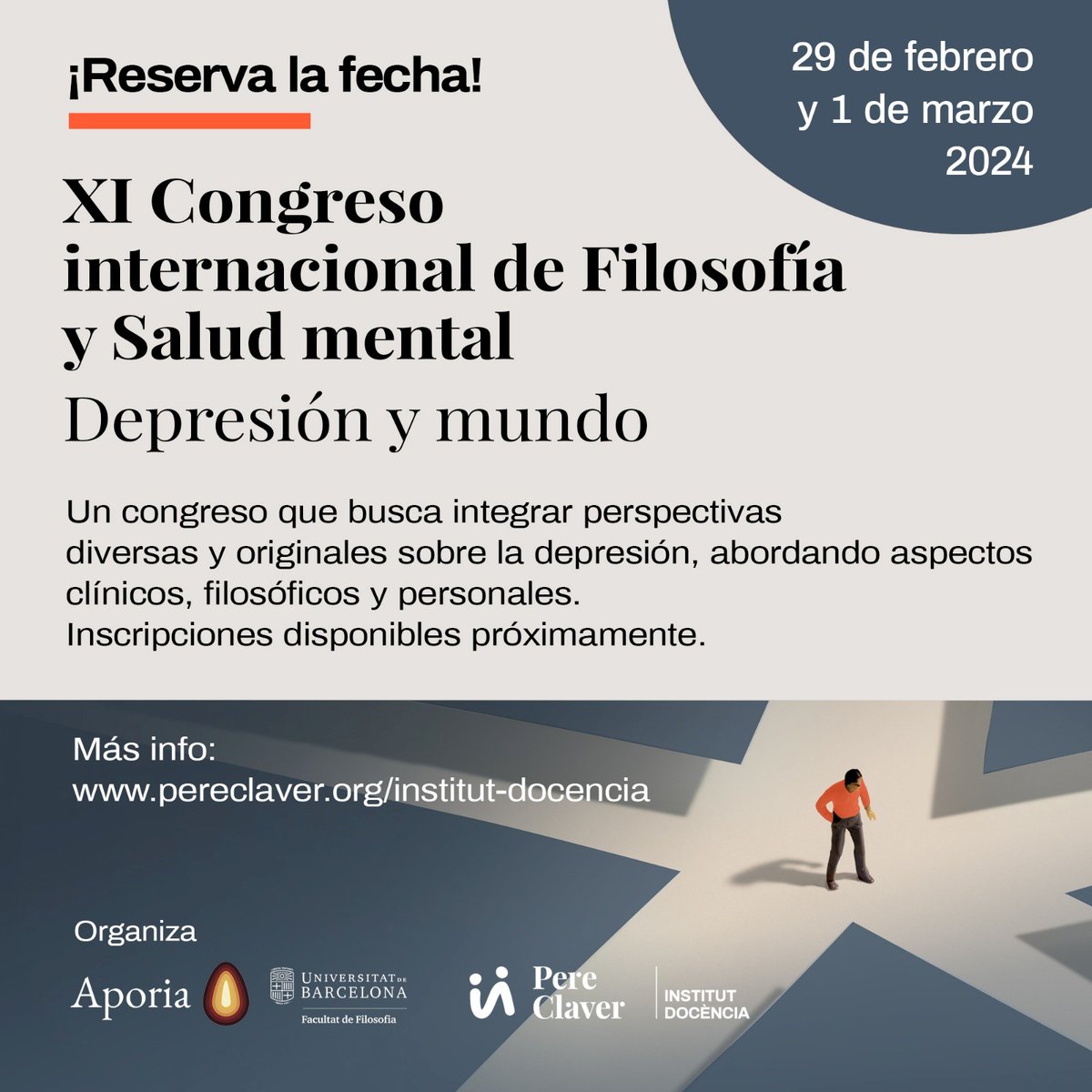 Els propers 29 de febrer i 1 de març, Aporia celebra juntament amb <a href="/pereclavergrup/">Pere Claver Grup</a> el seu XI Congrés internacional de Filosofia i Salut mental, enguany centrat en la temàtica "depressió i món."

Guardeu-vos les dates!
#filosofia #etica #politica
