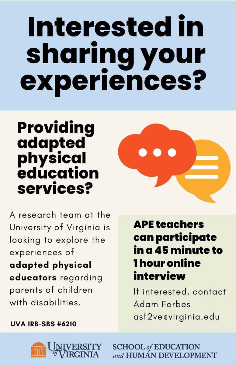 Hey #AdaptedPE teachers! Here’s a great opportunity to share your stories about connecting with parents of the children you teach. 

If interested, you can reply to this tweet, direct message, or email me at asf2ve@virginia.edu