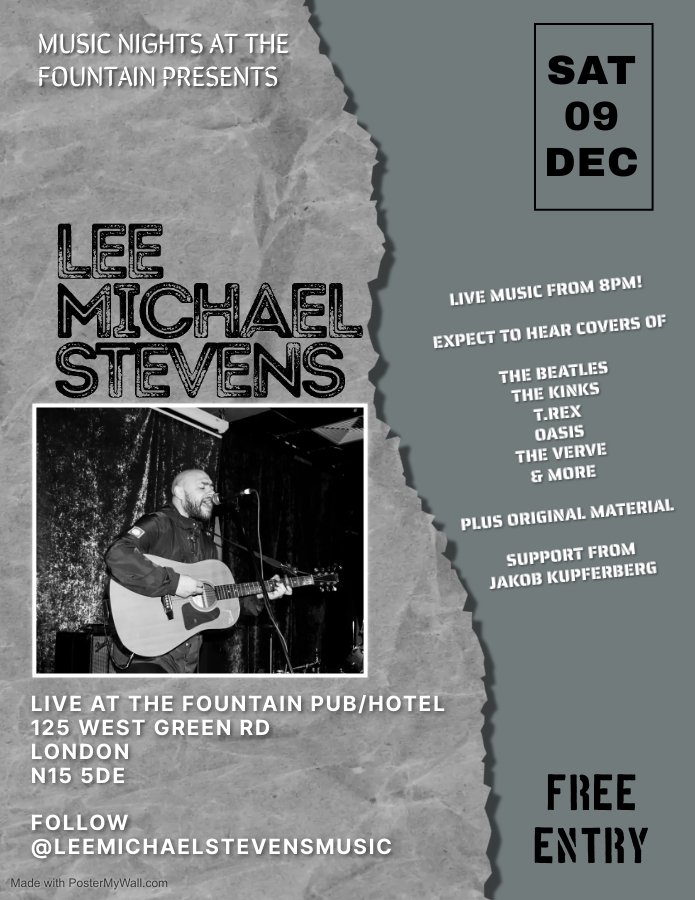 Get down to The Fountain Pub in Tottenham this Saturday 9th December as I will be performing a 2 hour acoustic set of covers plus original material.

With support from Jakob Kupferberg.

Music from 8pm till late!
Free Admission 

#livemusic #acoustic #singersongwriter #60sMusic