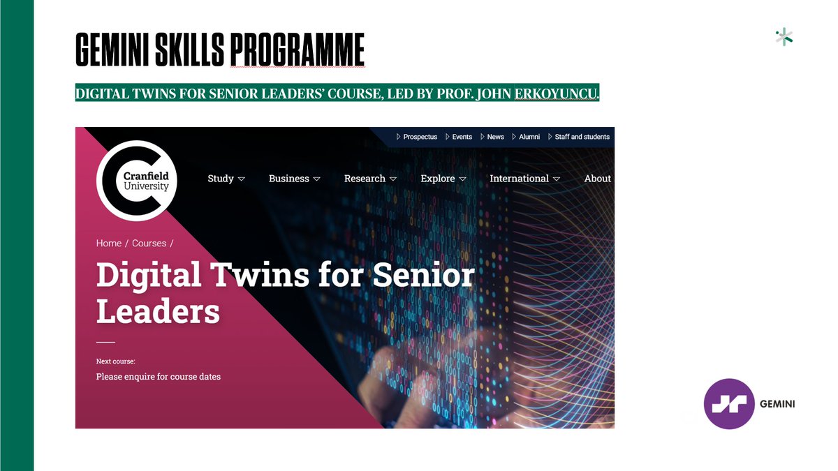 Exciting news! Our Gemini skills course, Digital Twins for Senior Leaders in partnership with @CranfieldUni is now live and taking registrations for 1 February start. Find out more and apply here: cranfield.ac.uk/courses/short/… #digitaltwins #GeminiPrinciples #skills