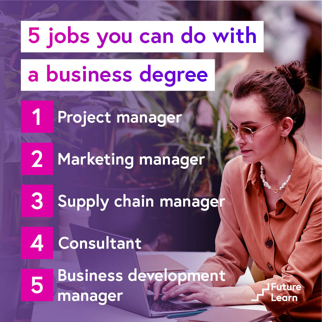 Whether you're passionate about marketing, finance, human resources, or something else entirely, a business degree can give you the skills and knowledge you need to succeed in a variety of fields. 🙌 Learn more about these jobs: bit.ly/3sYSbST 🔗