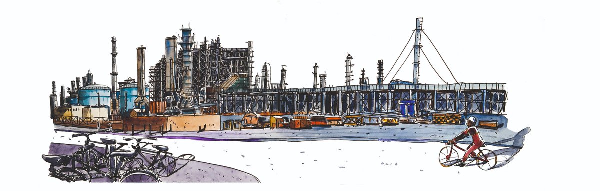 [Calendrier de l'Avent dessiné] 🎅 

📌Raffinerie à Messaïd, Qatar par Thierry Chehab
Encre et aquarelle in-situ.

► instagram : atary81