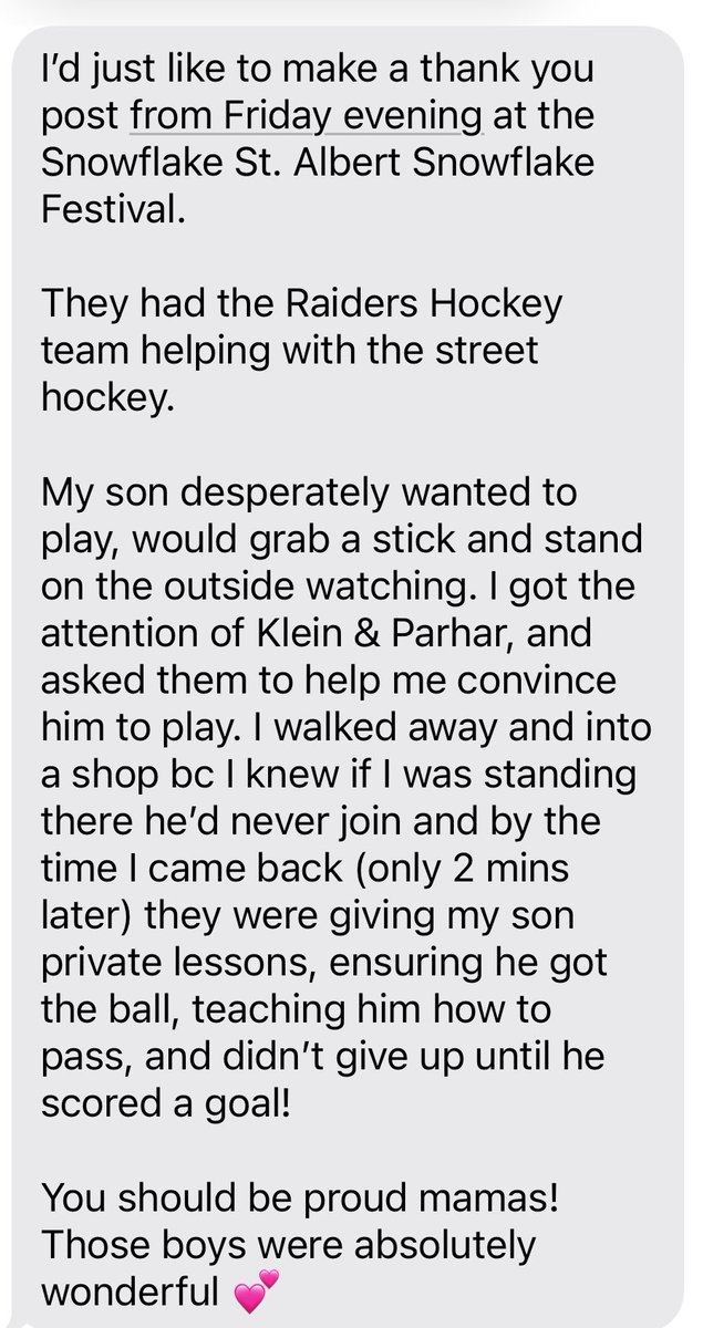 RaidersAAA's tweet photo. We love to see it! 
We received this message from a community member about Raider’s players Jaret Klein and Owen Prohar helping out a future Raider! 
Keep it up boys! This is why we do it!

#BeAGoodHuman #RaiderPride 
#Leadership @CityofStAlbert @RaidersStAlbert https://t.co/Eah79szyeh