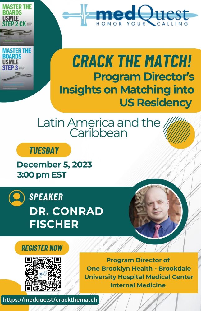 Insights from Dr. Fischer for Latin America and the Caribbean!! Register to join by scanning the QR code!!! #Match2024 #medicine @ProjectImg @StoriesImg @ImgJourney @IMG_Advocate @SeeFisch #latinasinmedicine