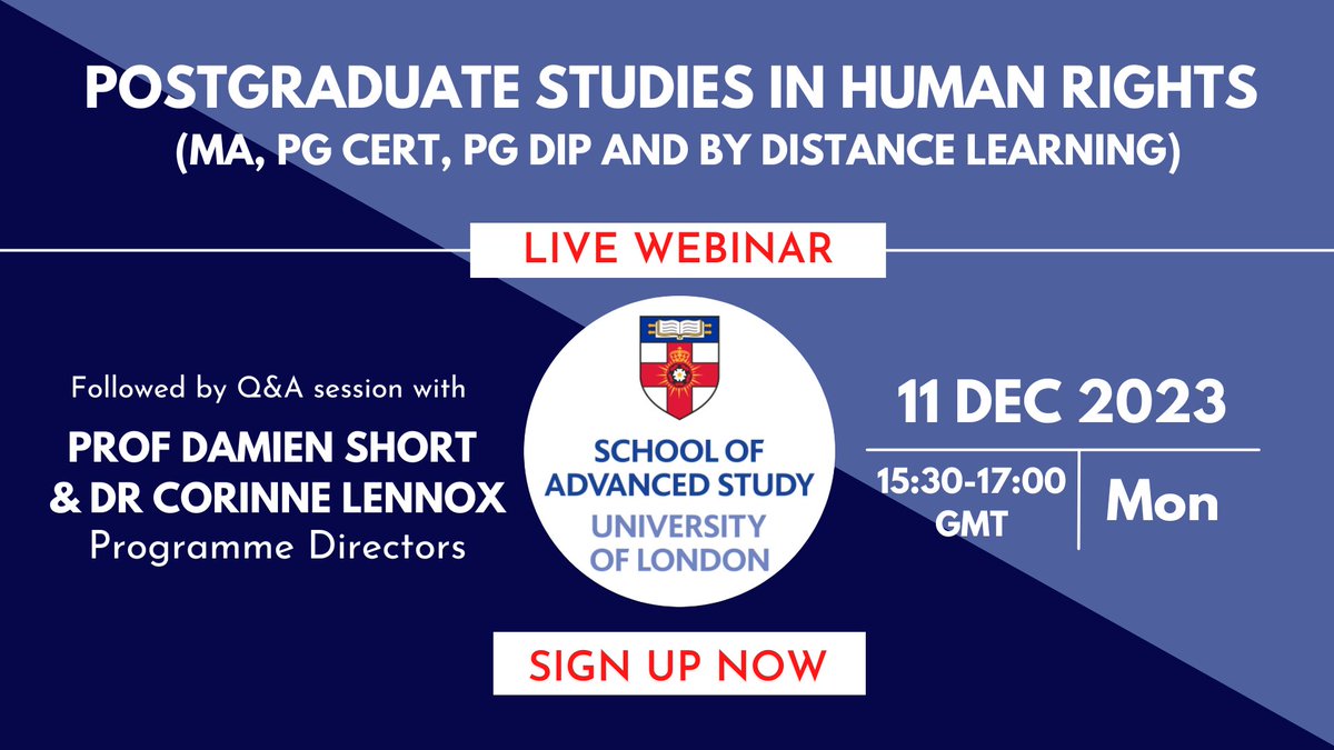 Interested in studying #humanrights? Join our #webinar NEXT WEEK on Human Rights Day and hear from the Directors of our two MA programmes. Mon 11 Dec, 15:30 - 17:00 (GMT) universityoflondon.online-event.co/invitation/ma-… #postgraduatestudies #postgraduatestudy #distancelearning @SASNews @LondonU @ICwS_SAS